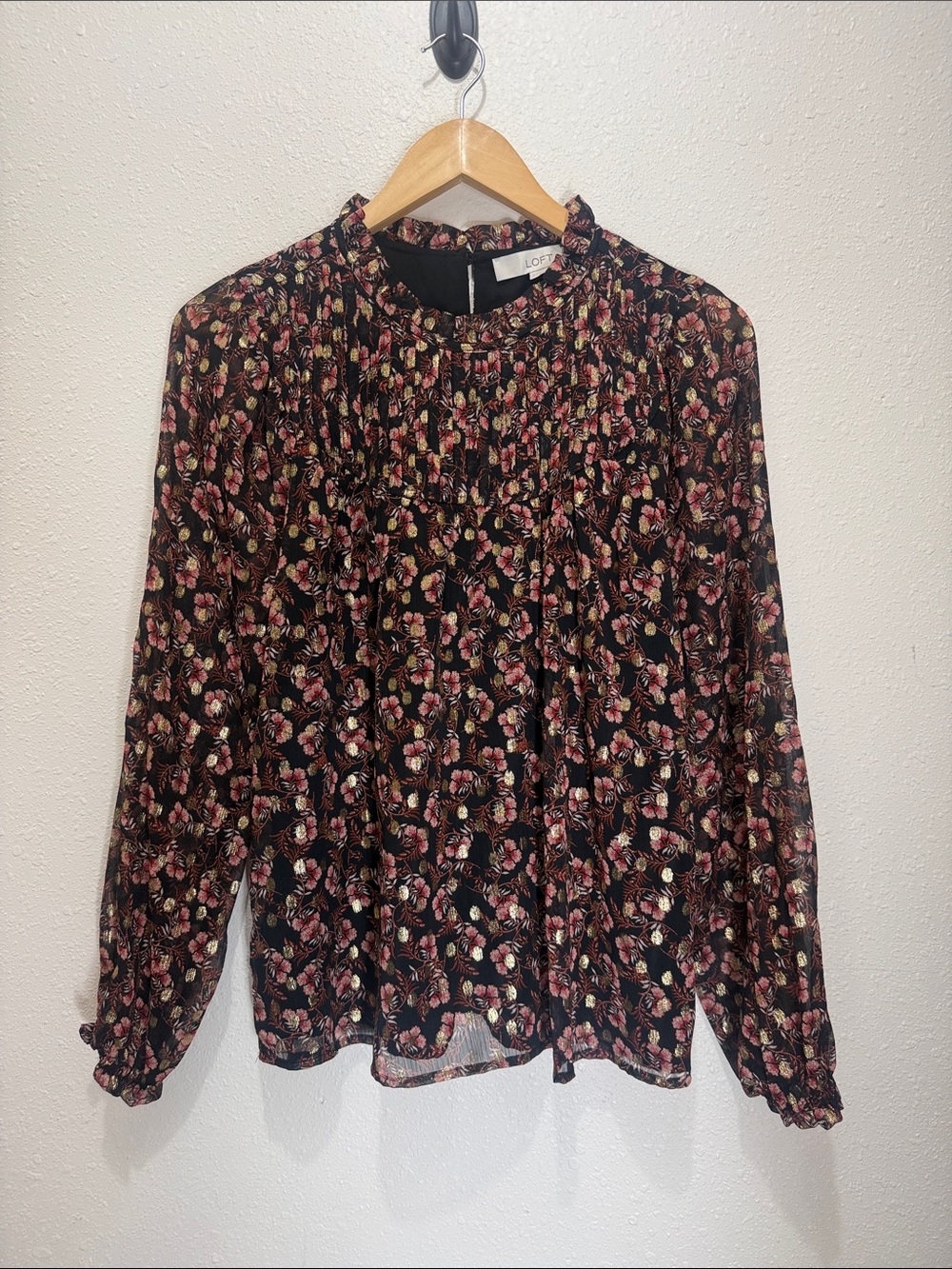 LOFT Black Floral Pintuck Blouse - Black with Pink & Cream Flowers, Size S